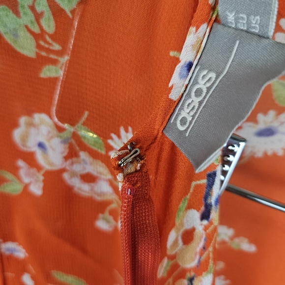 ASOS Crepe Sheer Peplum Ruffle Shoulder Dress Fully Lined Size 0 Red Floral 1518 - Picture 12 of 15